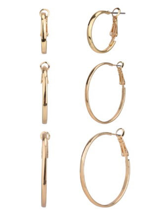 Time and Tru Adult Women's 3 Pair Gold Tone Thin Metal Hoop Earring Set