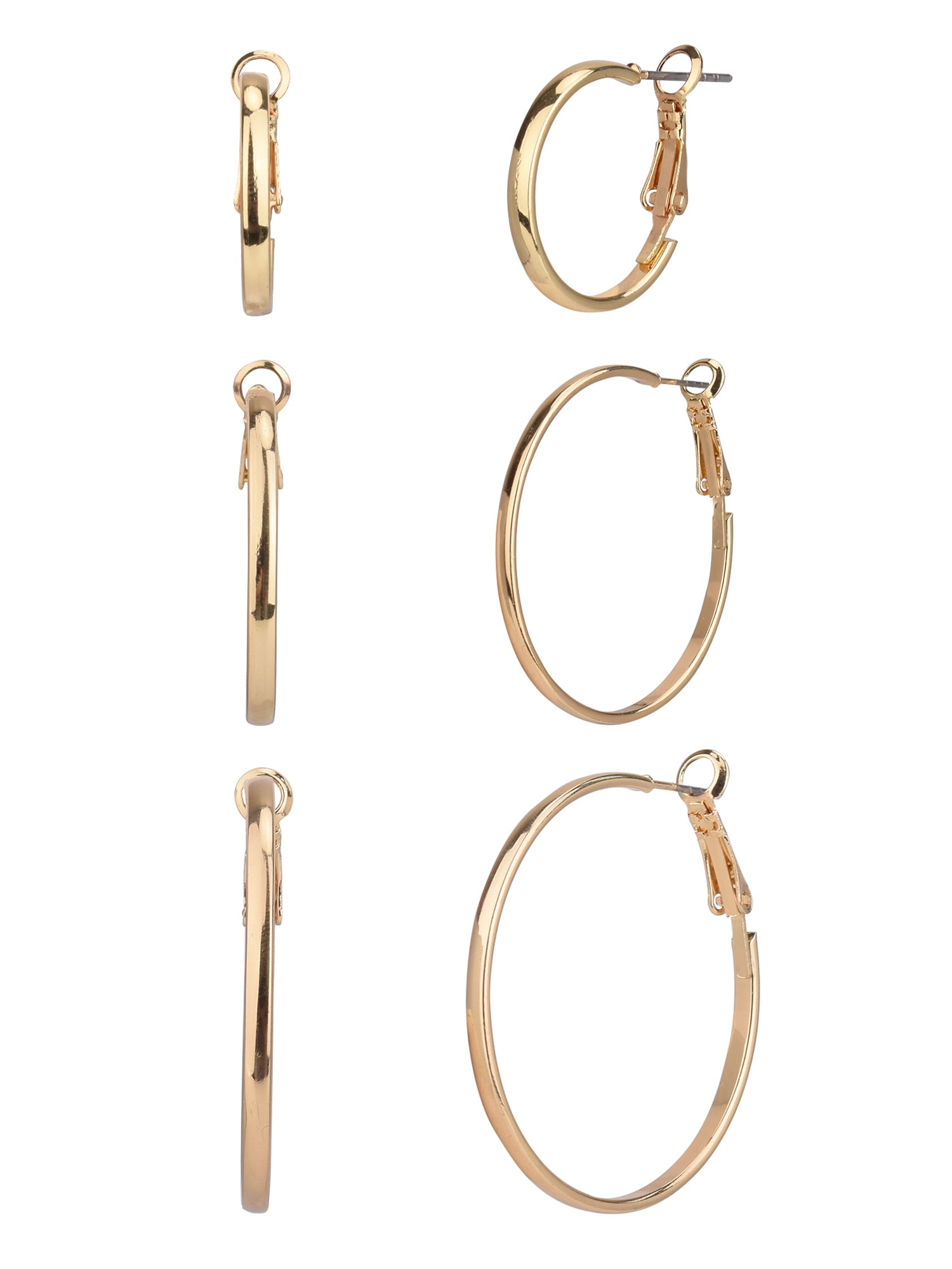 Time and Tru Adult Women's 3 Pair Gold Tone Thin Metal Hoop Earring Set