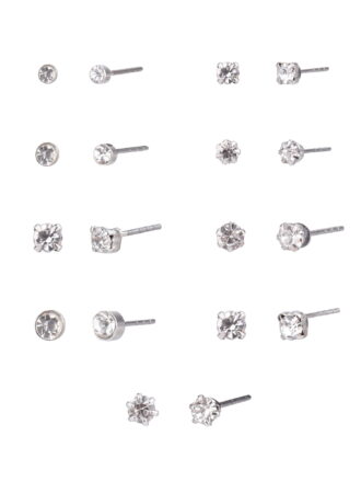 Time and Tru Adult Women's 9 Pair Silver Tone Crystal Stud Metal Earrings Set
