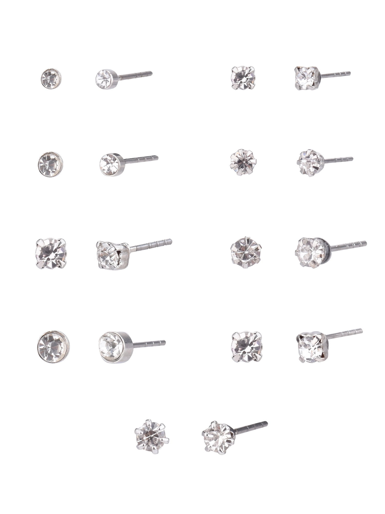 Time and Tru Adult Women's 9 Pair Silver Tone Crystal Stud Metal Earrings Set