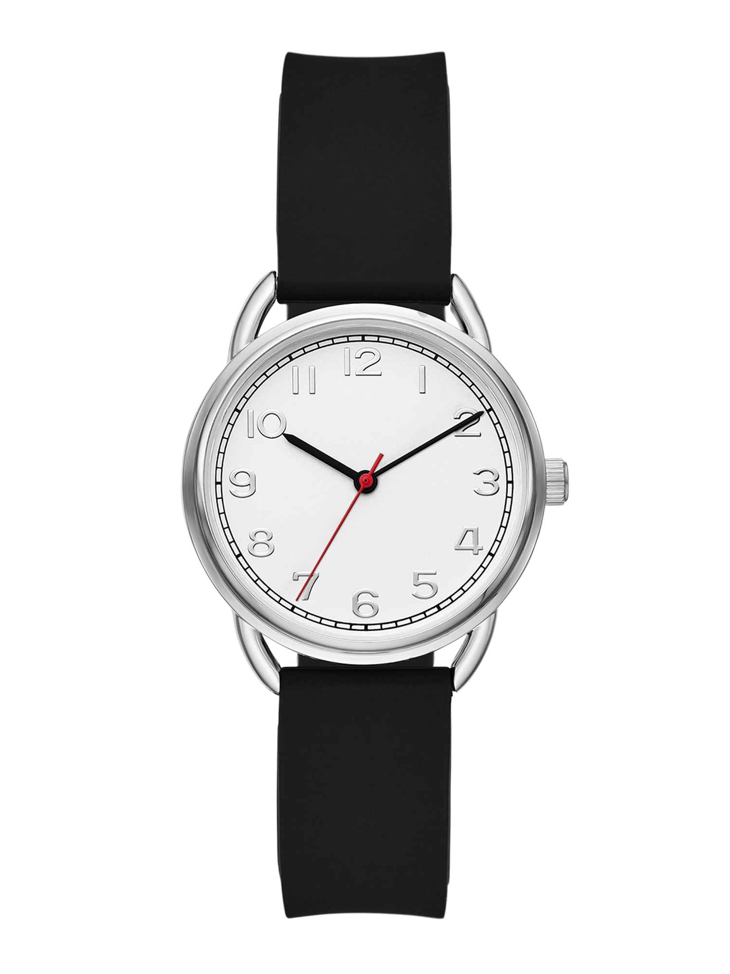 Time and Tru Ladies' Watch, Silver Round Case, Silver Easy to Read Dial and Black Smooth Silicone Strap (FMDOTT094)