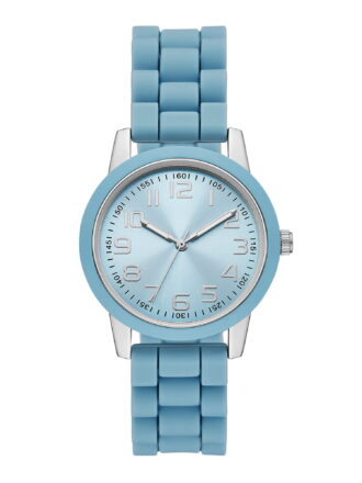 Time and Tru Ladies' Watch with Silver Round Case, Light Blue Bezel, Light Blue Sunray Dial and Light Blue Soft Silicone Strap (FMDOTT107)