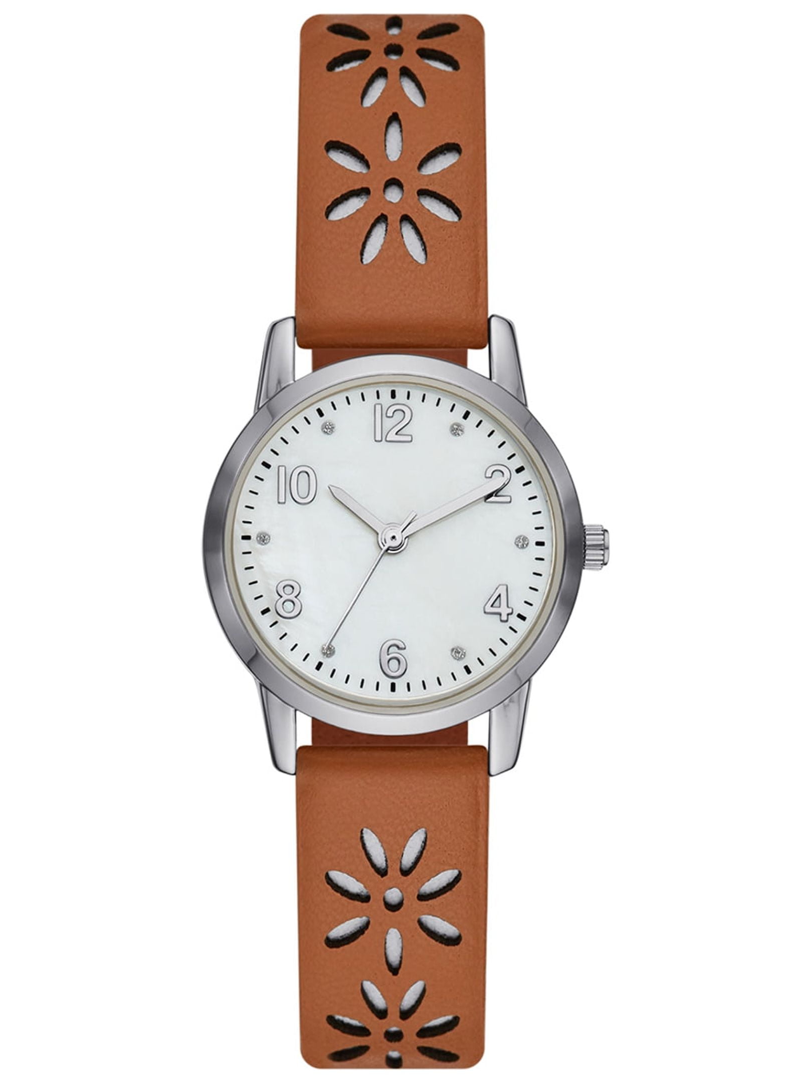 Time and Tru Women's Analog Watch: Silver Tone Round Case, Crystal Accent on Faux Mother of Pearl Dial, Brown Faux Leather Perforated Strap (FMDOTT054)