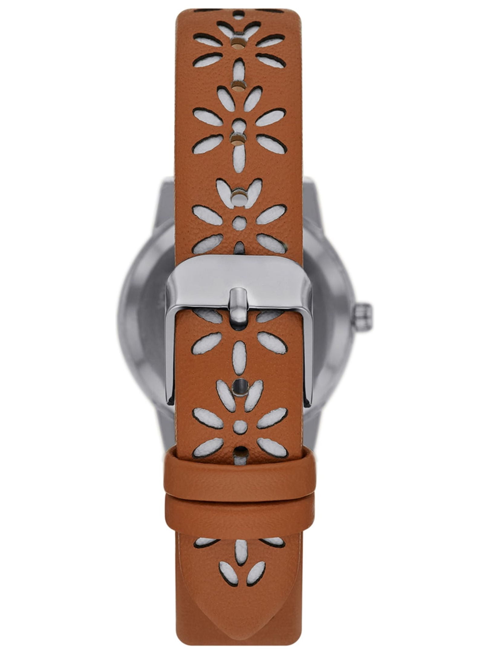 Time and Tru Women's Analog Watch: Silver Tone Round Case, Crystal Accent on Faux Mother of Pearl Dial, Brown Faux Leather Perforated Strap (FMDOTT054) - Image 3