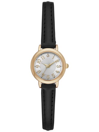 Time and Tru Women's Analog Wristwatch, Gold Tone Round Case, Silver Tone Easy Read Dial, Black Faux Leather Strap (FMDOTT022)