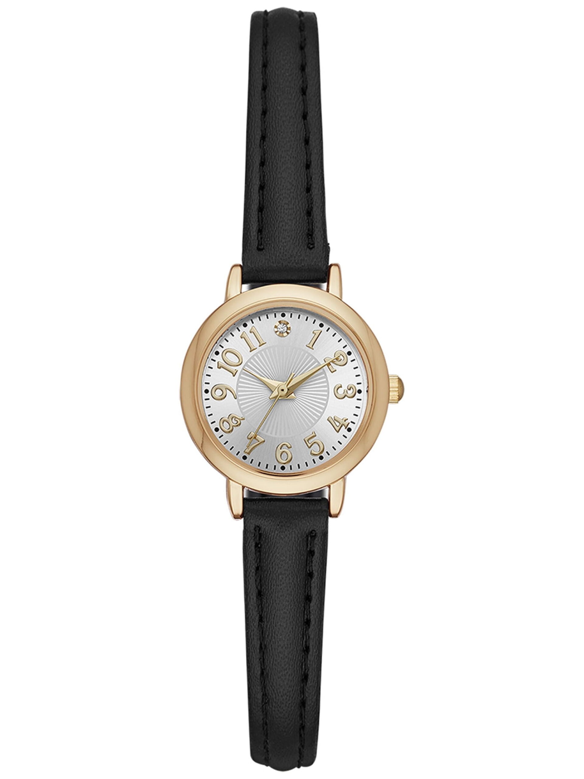 Time and Tru Women's Analog Wristwatch, Gold Tone Round Case, Silver Tone Easy Read Dial, Black Faux Leather Strap (FMDOTT022)