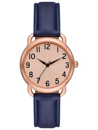 Time and Tru Women's Analog Wristwatch; Rose Gold Tone Round Case, Rose Gold Textured Easy Read Dial, Blue Faux Leather Band Watch (FMDOTT067)