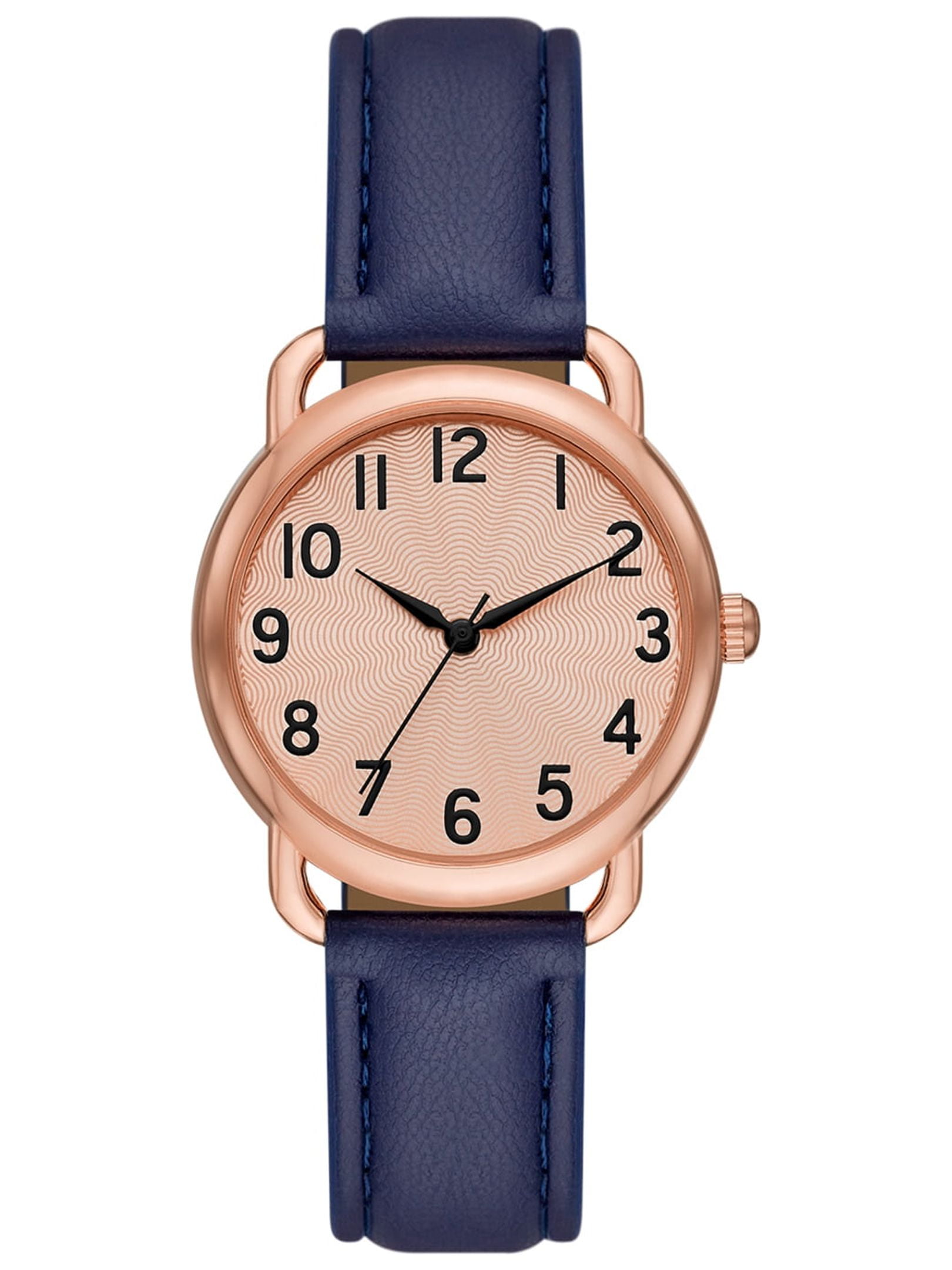 Time and Tru Women's Analog Wristwatch; Rose Gold Tone Round Case, Rose Gold Textured Easy Read Dial, Blue Faux Leather Band Watch (FMDOTT067)