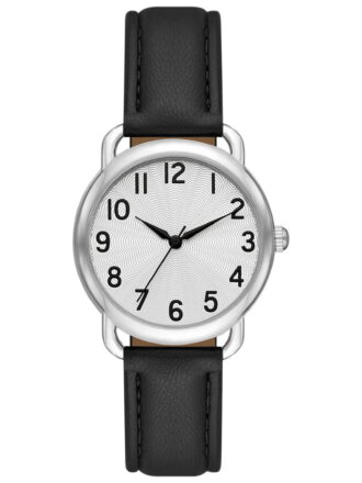 Time and Tru Women's Analog Wristwatch; Silver Tone Round Case, Silver Textured Easy Read Dial; Black Faux Leather Strap (FMDOTT066)