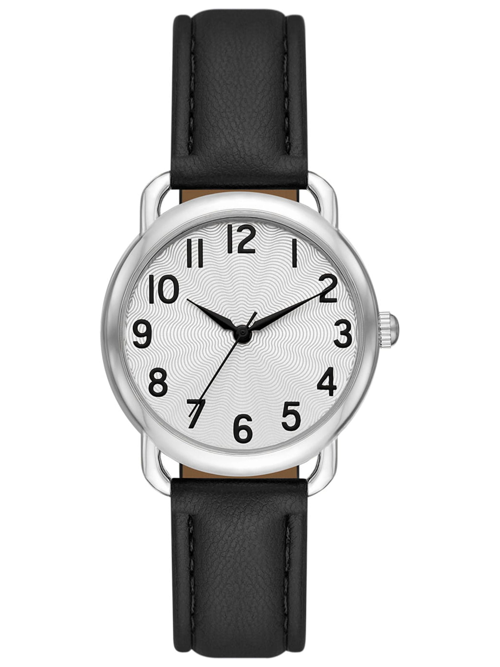 Time and Tru Women's Analog Wristwatch; Silver Tone Round Case, Silver Textured Easy Read Dial; Black Faux Leather Strap (FMDOTT066)