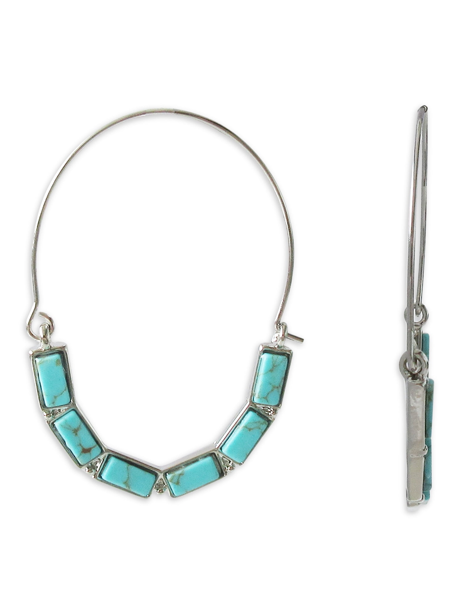 Time and Tru Women's Silver Tone Faux Turquoise Baguette Hoop Earrings