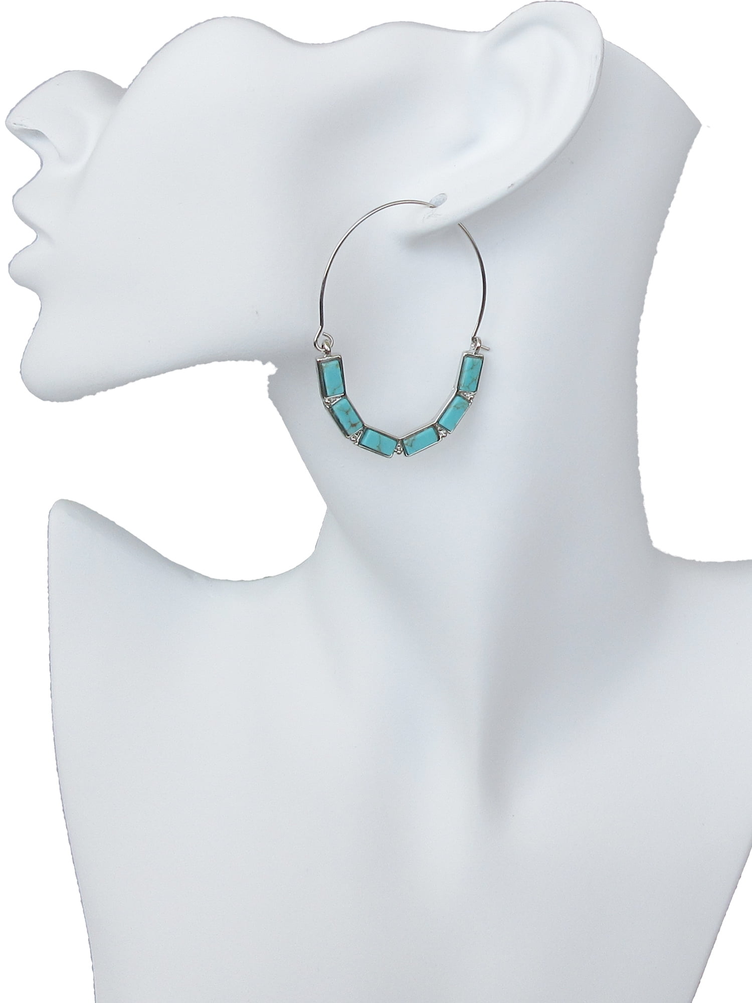 Time and Tru Women's Silver Tone Faux Turquoise Baguette Hoop Earrings - Image 3