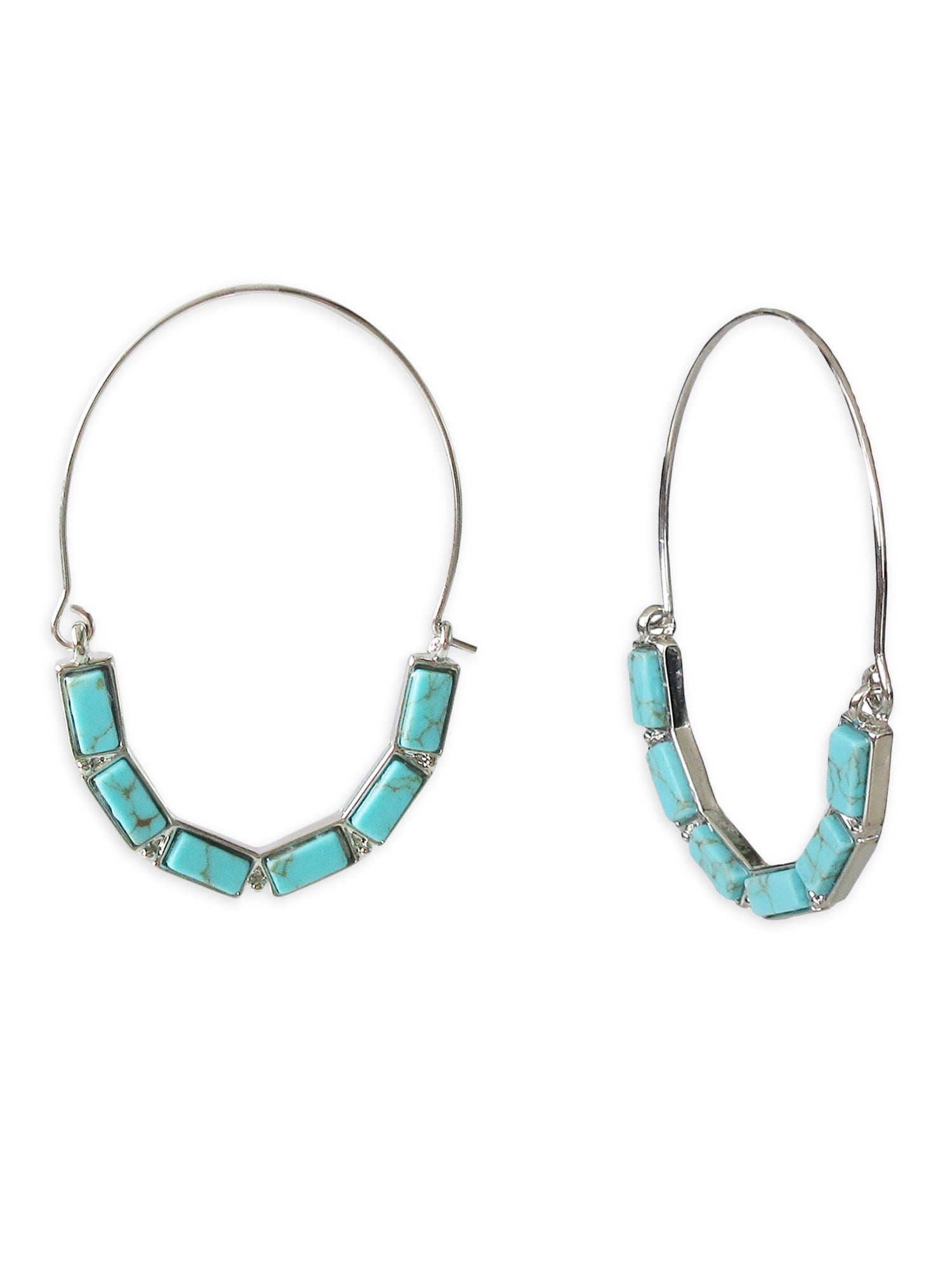 Time and Tru Women's Silver Tone Faux Turquoise Baguette Hoop Earrings - Image 2