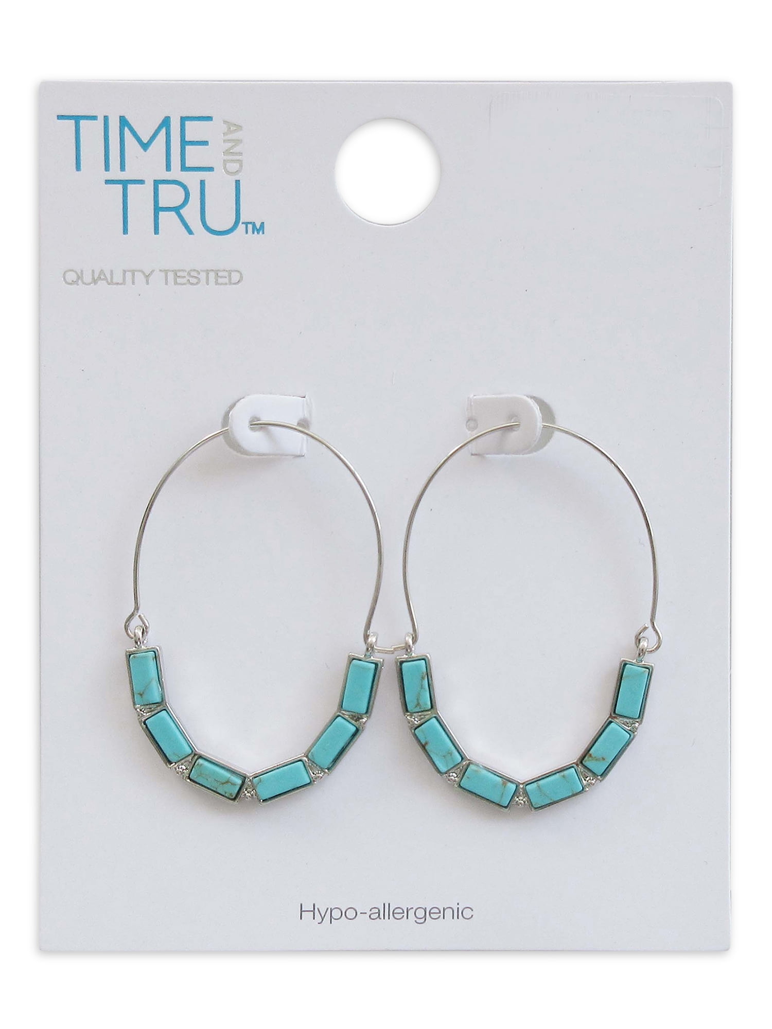 Time and Tru Women's Silver Tone Faux Turquoise Baguette Hoop Earrings - Image 4
