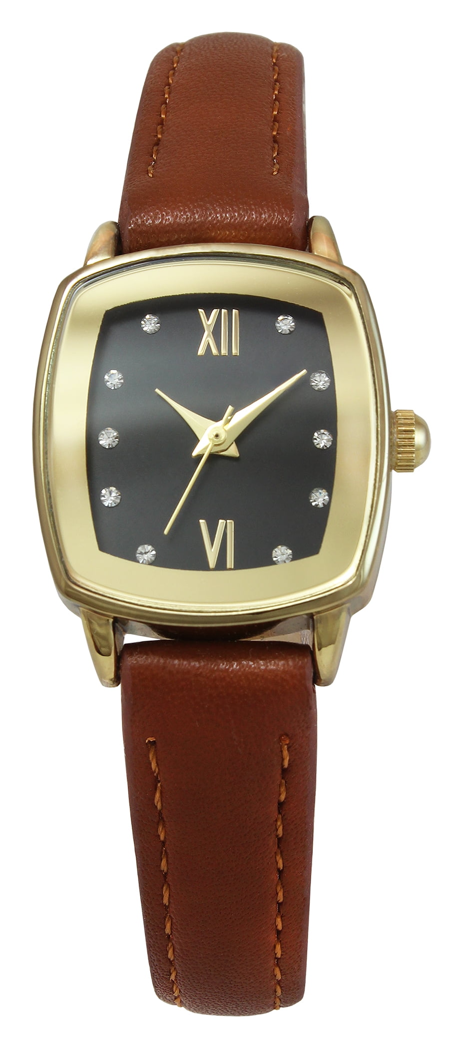 Time & Tru Ladies 23mm Gold Tone Cushion Shape Mettalized Bezel Brown Strap Watch