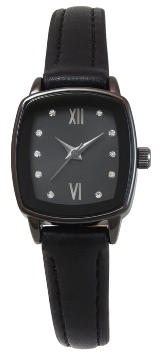 Time & Tru Ladies 23mm Gunmetal Tone Cushion Shape Mettalized Bezel Black Strap Watch