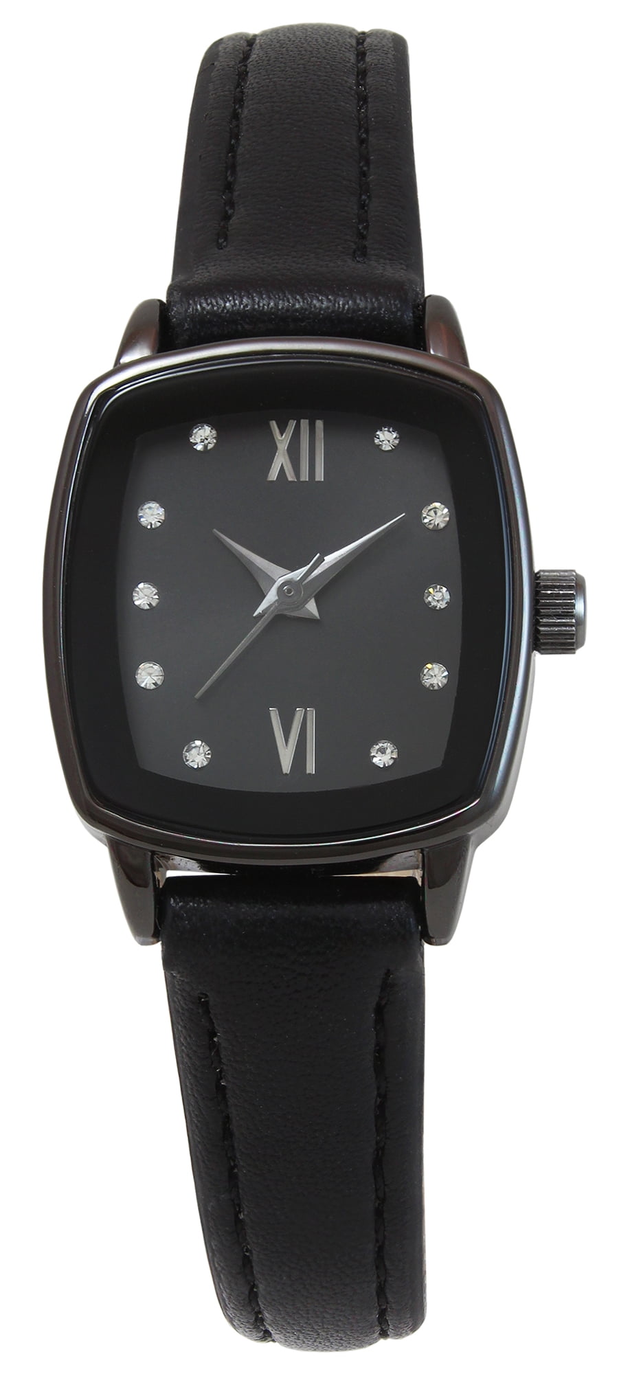 Time & Tru Ladies 23mm Gunmetal Tone Cushion Shape Mettalized Bezel Black Strap Watch