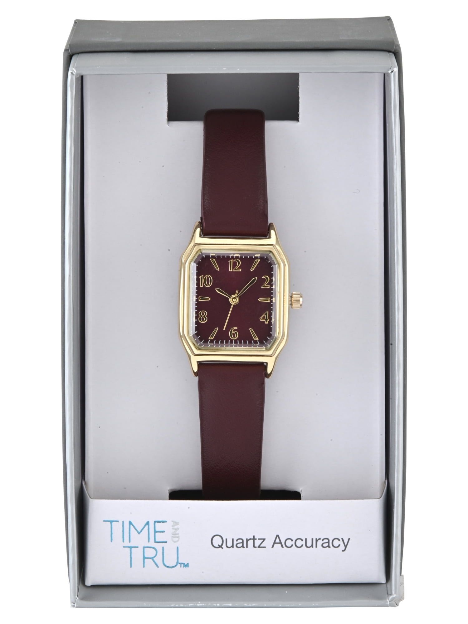 Time & Tru Ladies Goldtone Facet Cut Square Case with Burgundy PU Strap Watch - Image 4