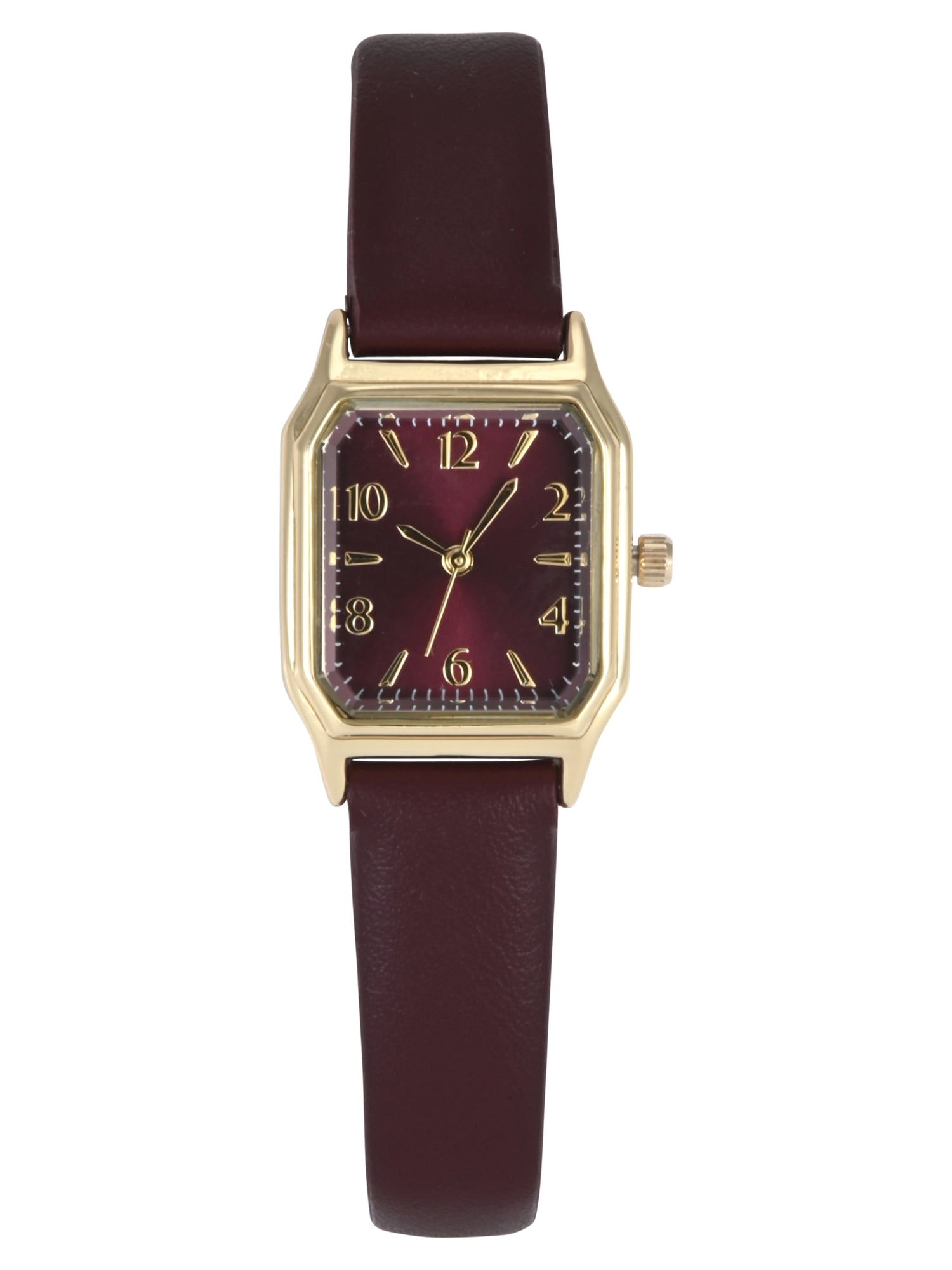 Time & Tru Ladies Goldtone Facet Cut Square Case with Burgundy PU Strap Watch