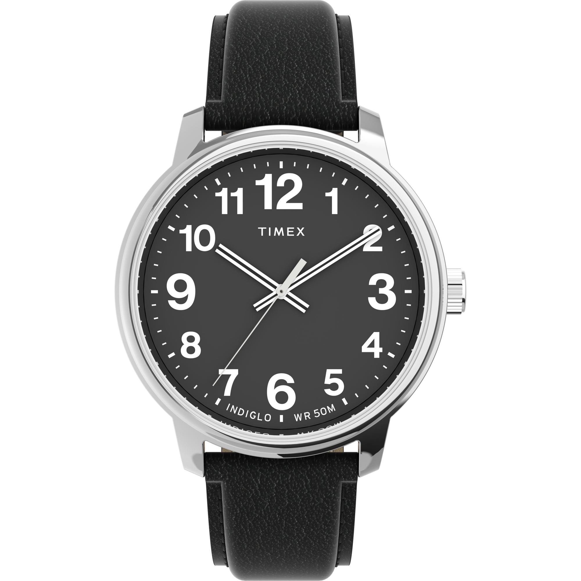 Timex Men's Easy Reader Bold 43mm Watch – Silver-Tone Case Black Dial with Black Leather Strap