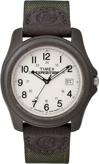 Timex Men's Expedition Camper Brown/Green 39mm Outdoor Watch, Leather & Fabric Strap