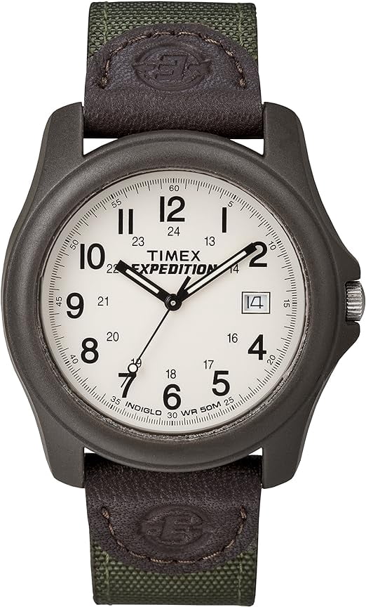 Timex Men's Expedition Camper Brown/Green 39mm Outdoor Watch, Leather & Fabric Strap