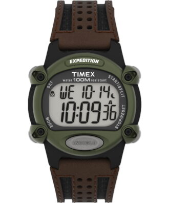 Timex Men's Expedition Digital CAT 39mm Watch – Green Case with Black & Brown Fabric & Leather Strap