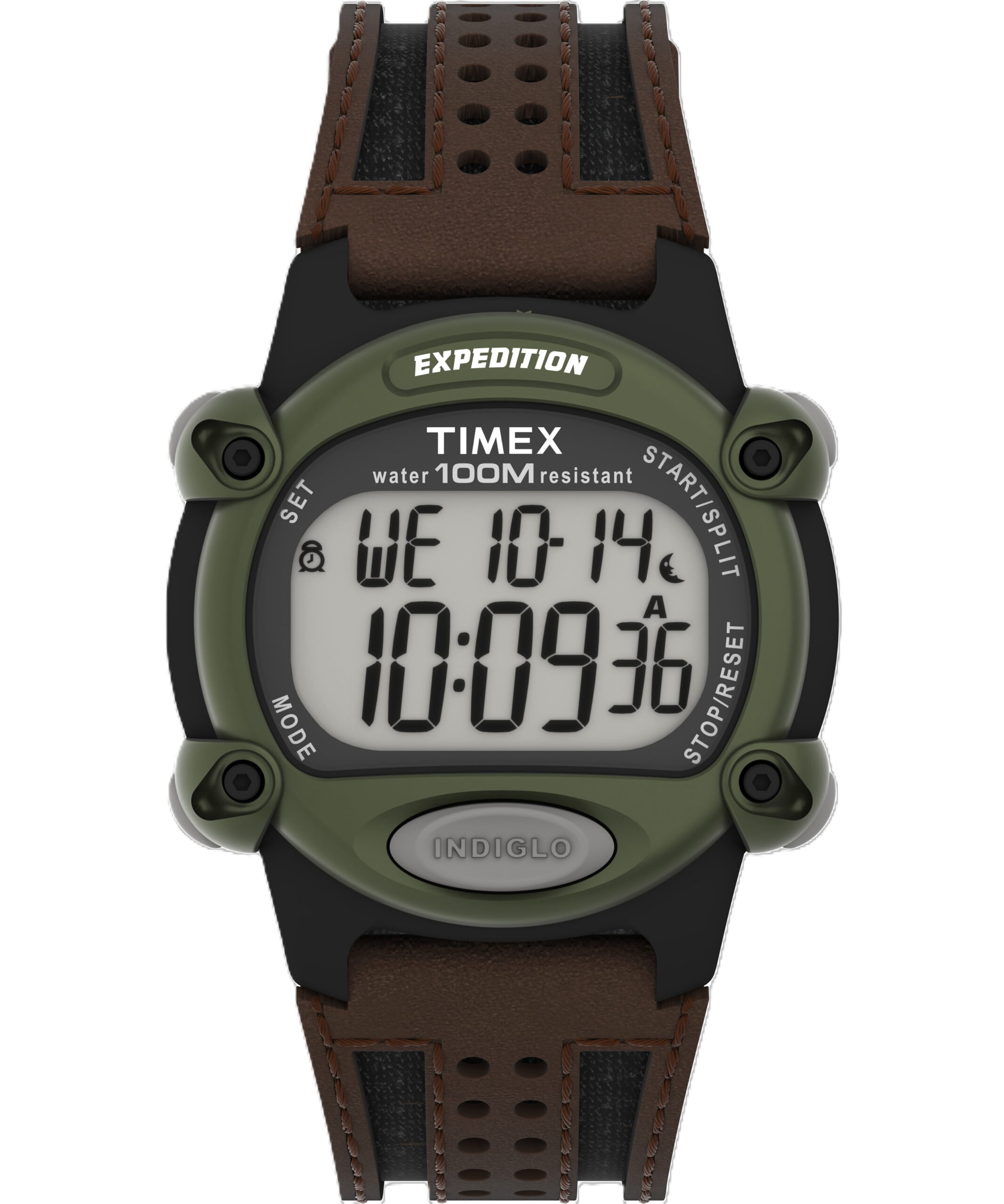 Timex Men's Expedition Digital CAT 39mm Watch – Green Case with Black & Brown Fabric & Leather Strap