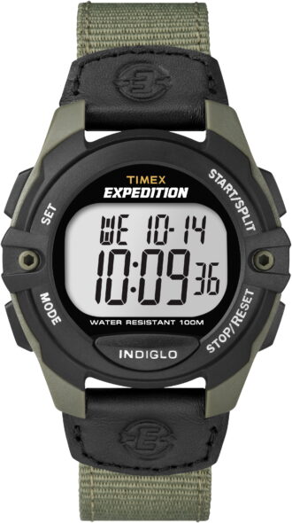 Timex Men's Expedition Digital CAT 41mm Watch – Green & Black Case with Black Fabric & Leather Strap