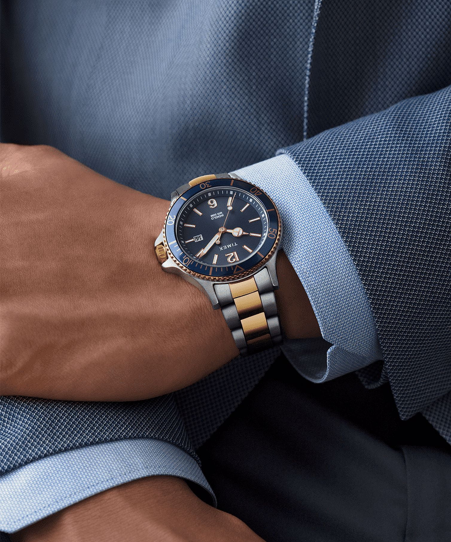 Timex Men's Harborside Two-Tone/Blue 42mm Dress Watch, Stainless Steel Bracelet - Image 2