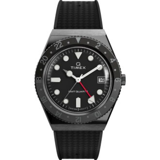 Timex TW2V38200 Men's Q Quartz Black Dial Rubber Strap GMT Watch