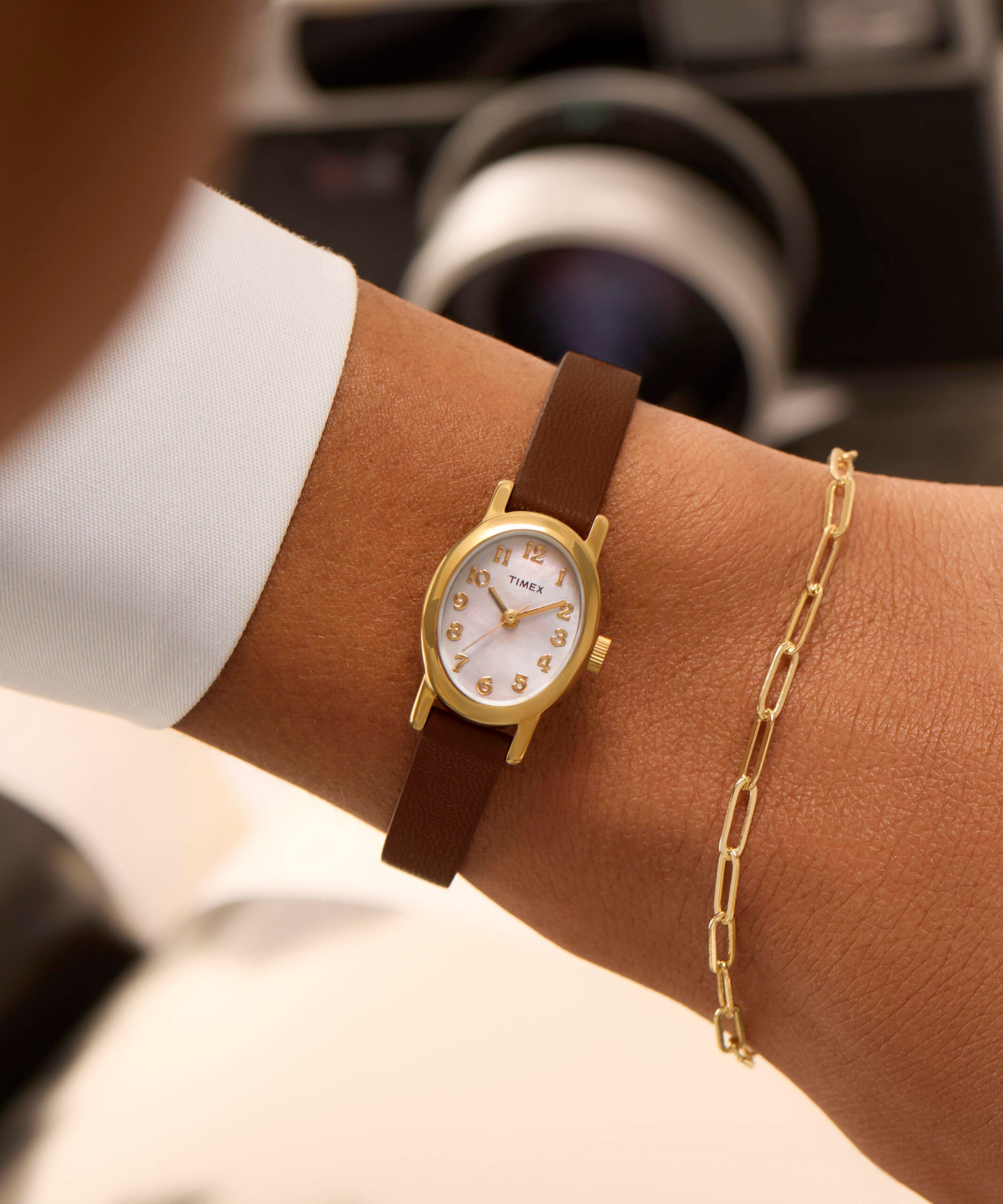 Timex Women's Cavatina 18mm Watch - Brown Strap Mother of Pearl Dial Gold-Tone Case - Image 2