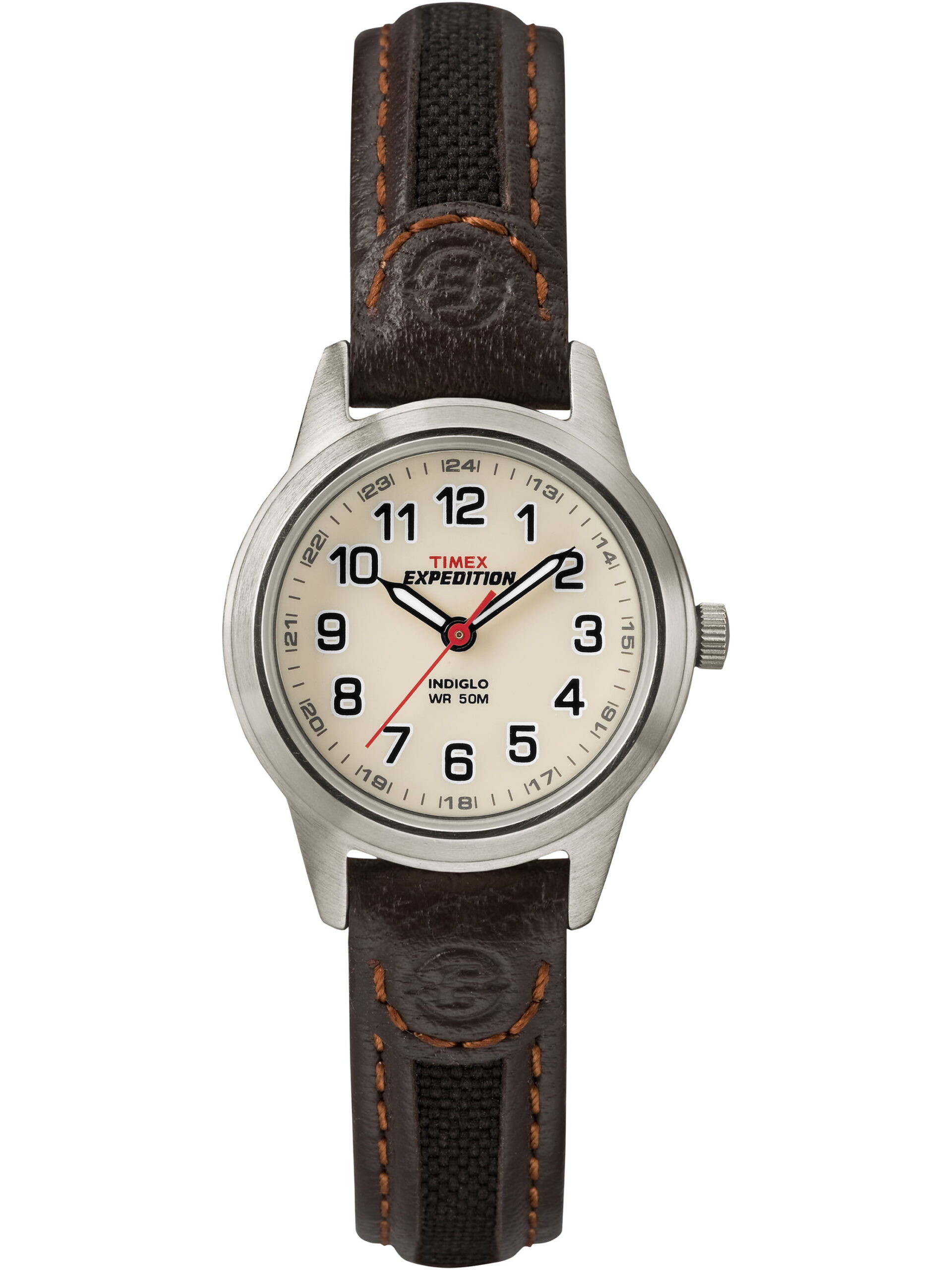Timex Women's Expedition Metal Field Mini 26mm Watch – Silver-Tone Case Cream Dial with Black & Brown Fabric & Leather Strap