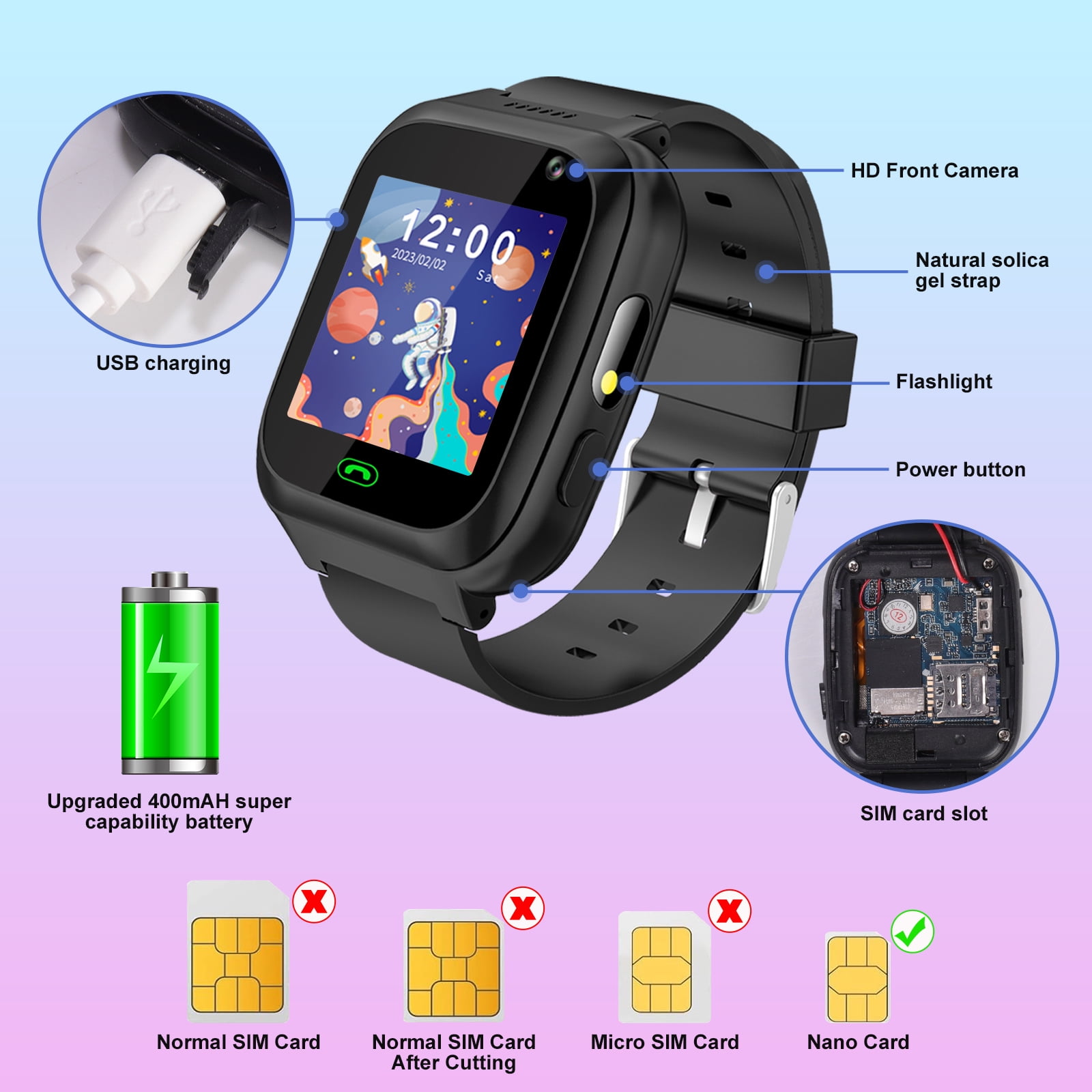 TOPCHANCES Kids Smart Watch for Boys Girls, Touch Screen Smartwatch with Call, 8 Games, Camera, Video, Calculator, Music Player (Black) - Image 2