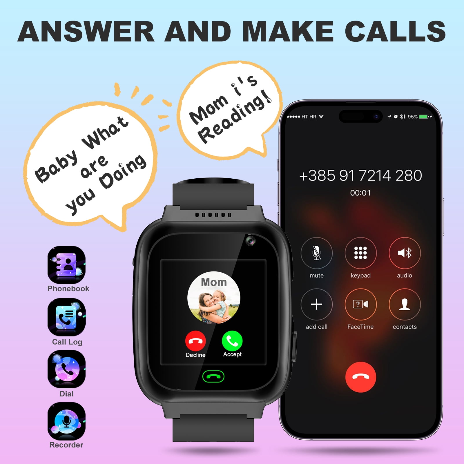 TOPCHANCES Kids Smart Watch for Boys Girls, Touch Screen Smartwatch with Call, 8 Games, Camera, Video, Calculator, Music Player (Black) - Image 3