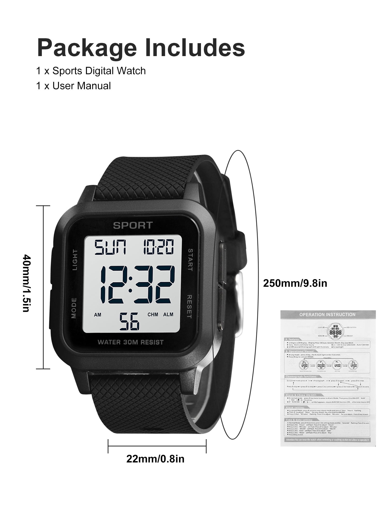 TSV Men's Military Sports Watch, LED Screen Large Digital Face Waterproof Wristwatch - Image 2