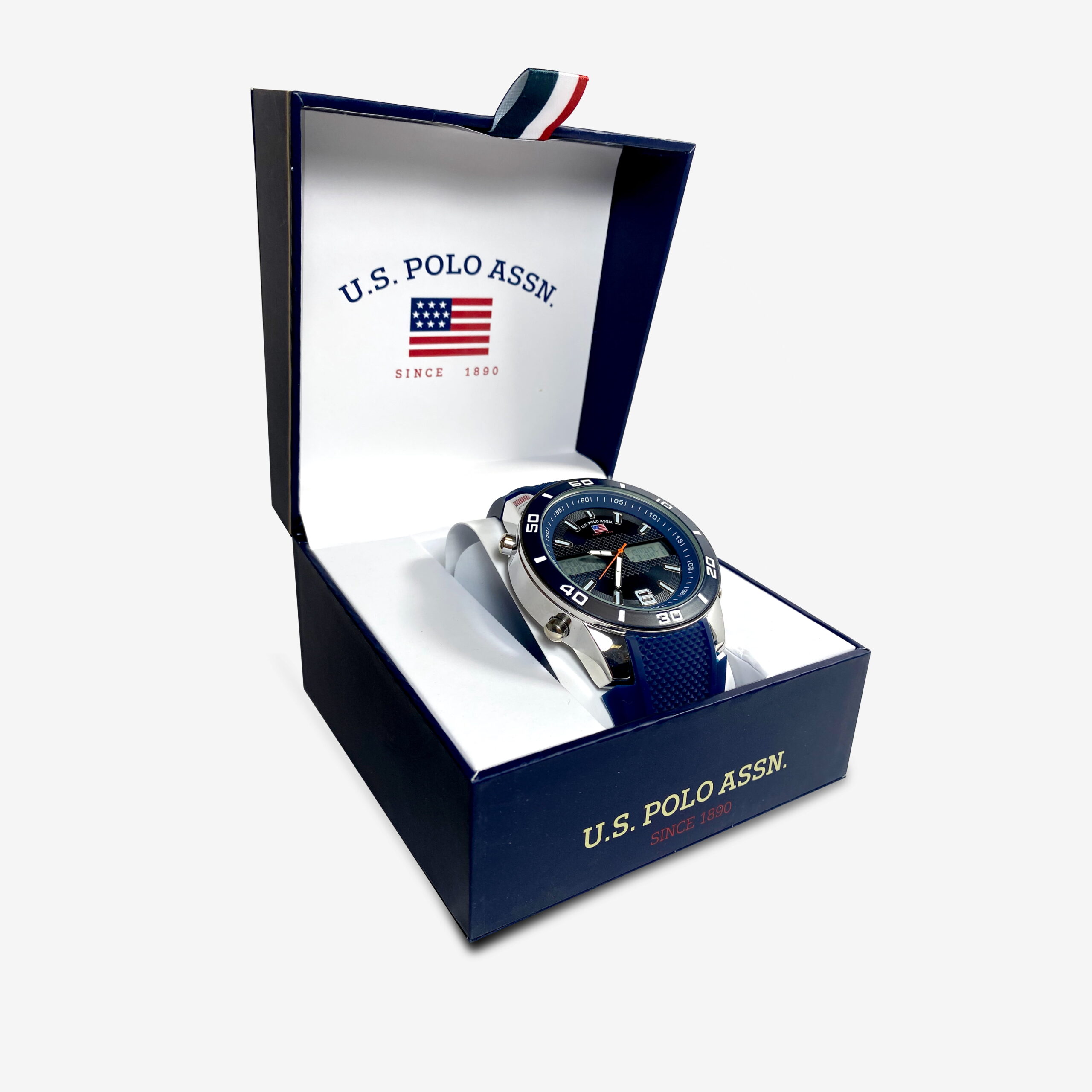 U.S. Polo ASSN. Men's Dual Display Round Silvetone Analog and Digital Watch with Blue Silicone Strap - Image 2