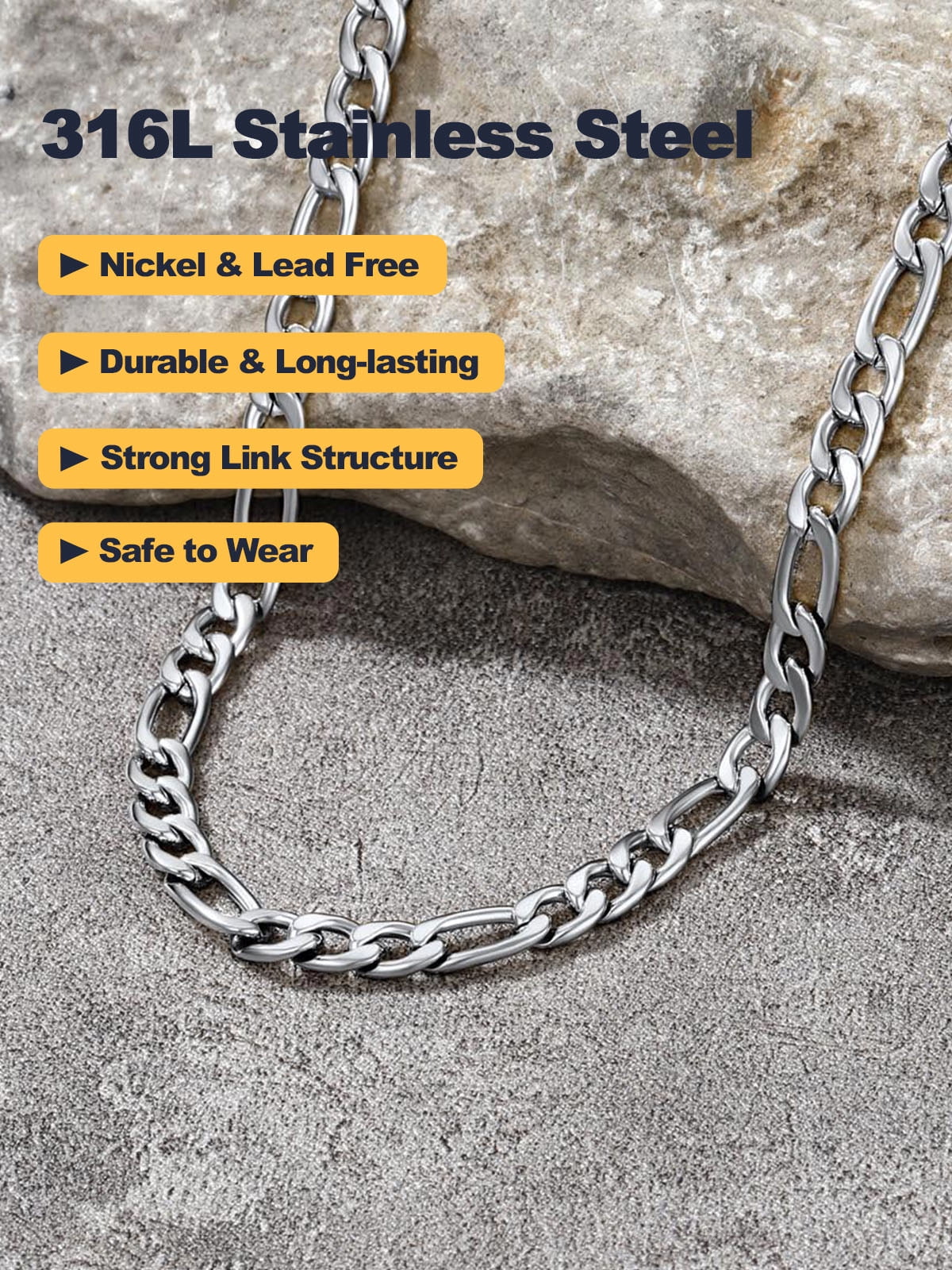 U7 Figaro Necklace for Men Silver Chain Bracelet Stainless Steel Jewelry Gift Set 2-Piece in 5MM Width 18 Inch for Christmas Stuffers - Image 2