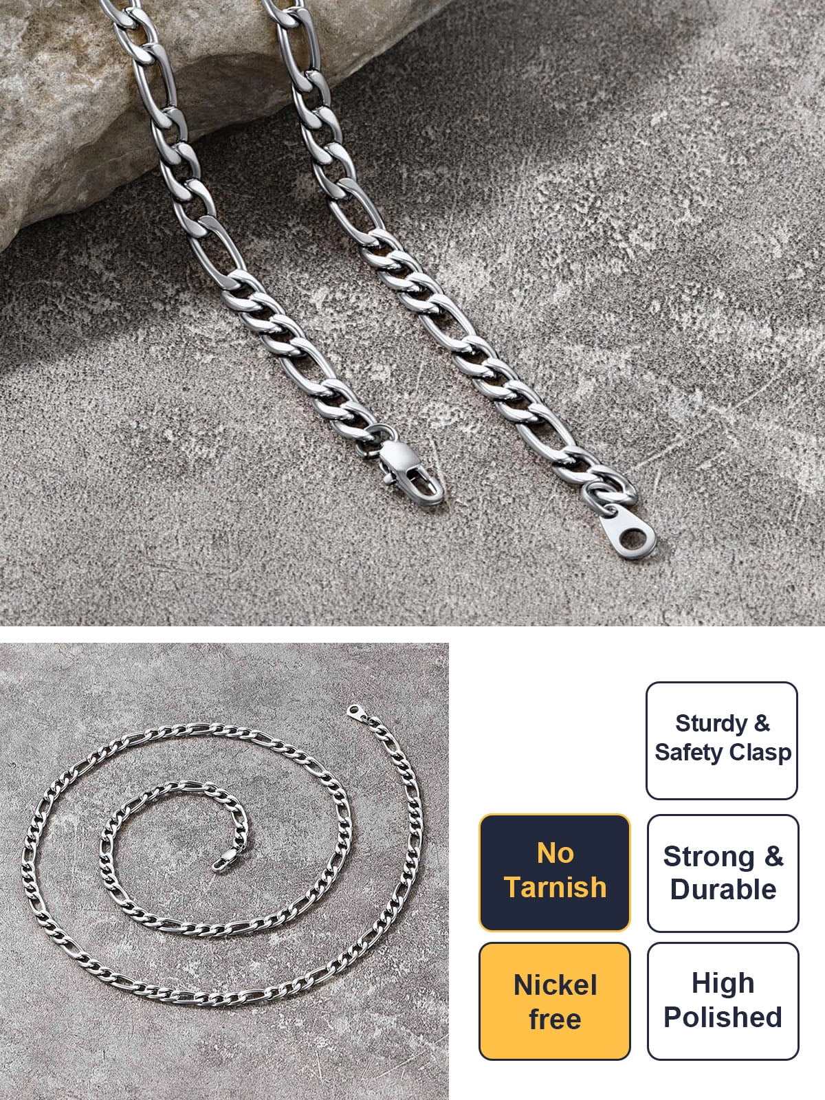 U7 Figaro Necklace for Men Silver Chain Bracelet Stainless Steel Jewelry Gift Set 2-Piece in 5MM Width 18 Inch for Christmas Stuffers - Image 4