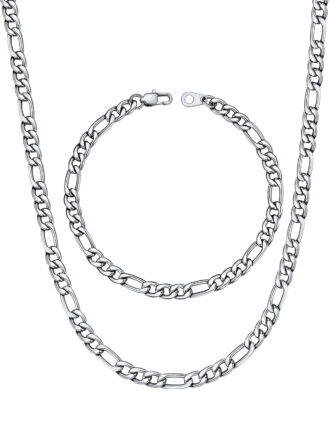 U7 Figaro Necklace for Men Silver Chain Bracelet Stainless Steel Jewelry Gift Set 2-Piece in 5MM Width 18 Inch for Christmas Stuffers