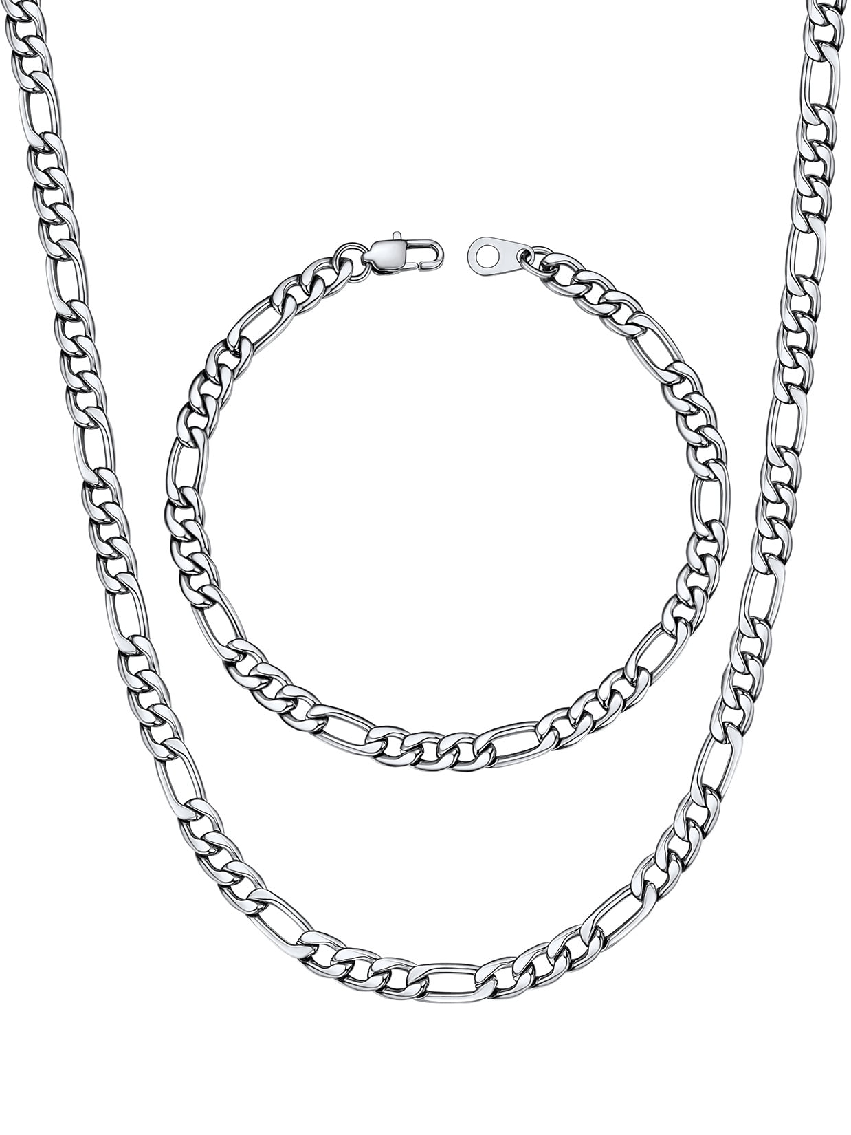 U7 Figaro Necklace for Men Silver Chain Bracelet Stainless Steel Jewelry Gift Set 2-Piece in 5MM Width 18 Inch for Christmas Stuffers