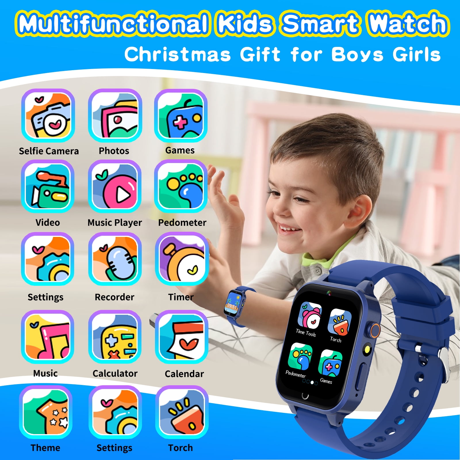 Vakzovy Kids Smart Watch for Boys 4-12 Years Old Birthday Gift, Vakzovy Waterproof Educationals Smart Watch, Dual Camera, 24 Puzzle Games,Music Player, Toddler Watch Learning Toys(Blue) - Image 5
