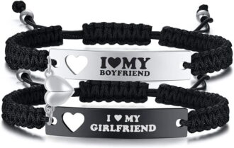 VNOX Couple Bracelets Set for Him & Her, Matching "I Love My Boyfriend/Girlfriend" Heart Couples Bracelets, Adjustable Handmade Rope Relationship Jewelry Gift for Couples