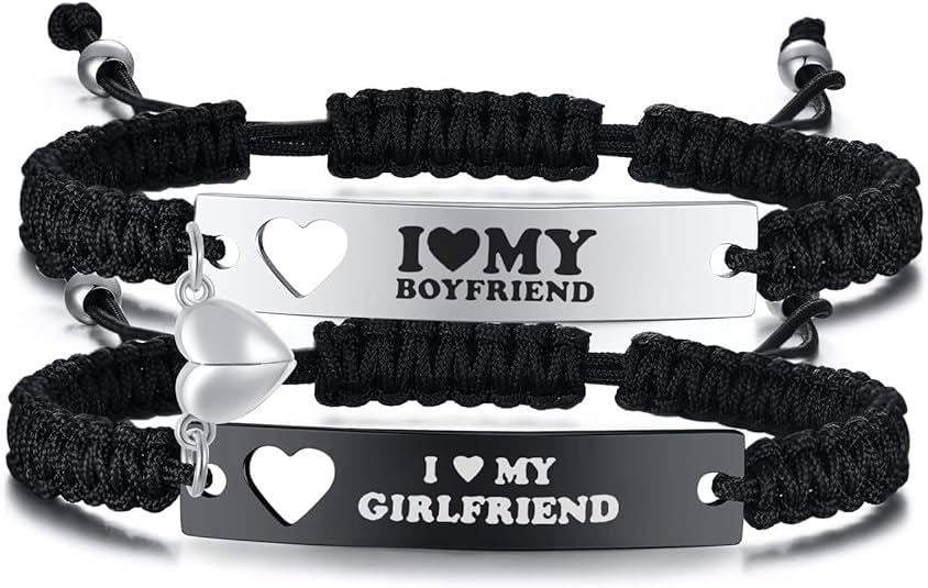VNOX Couple Bracelets Set for Him & Her, Matching "I Love My Boyfriend/Girlfriend" Heart Couples Bracelets, Adjustable Handmade Rope Relationship Jewelry Gift for Couples
