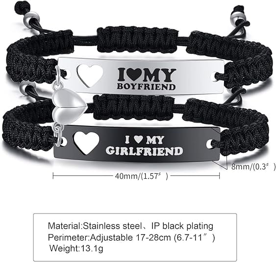 VNOX Couple Bracelets Set for Him & Her, Matching "I Love My Boyfriend/Girlfriend" Heart Couples Bracelets, Adjustable Handmade Rope Relationship Jewelry Gift for Couples - Image 2