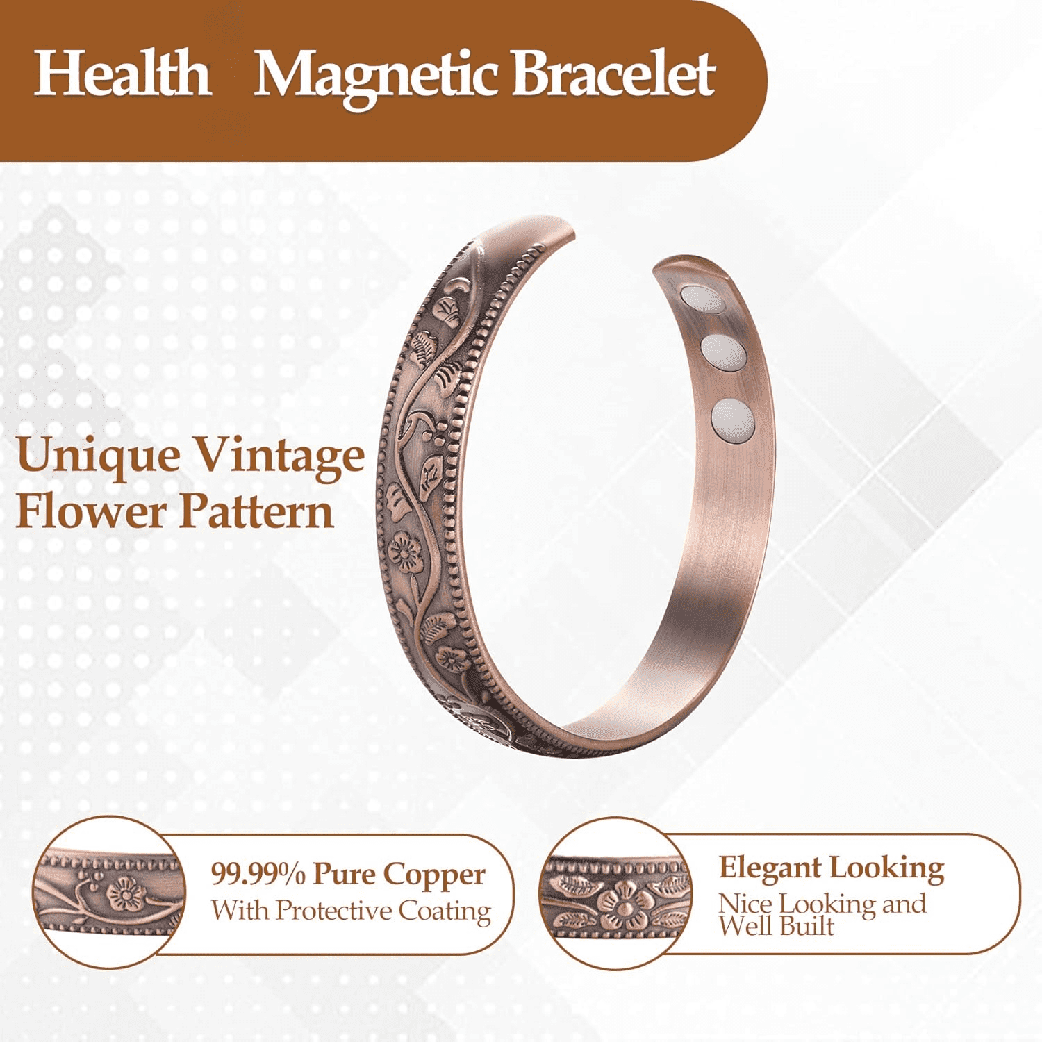 Wollet 99.99% Pure Copper Magnetic Bangles Bracelets for Women, Copper Jewelry Set of 2 - Image 3