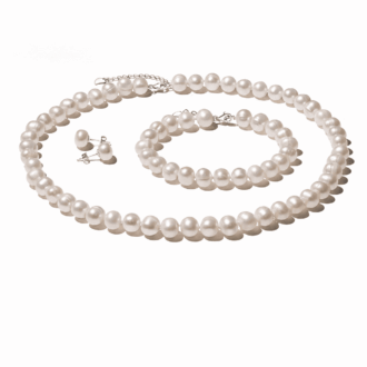 YAMI 7.5-8mm White Freshwater Pearl Jewelry Set, 925 Sterling Silver Necklace, Earrings and Bracelet, Adjustable 18+2 Inch Gift for Women