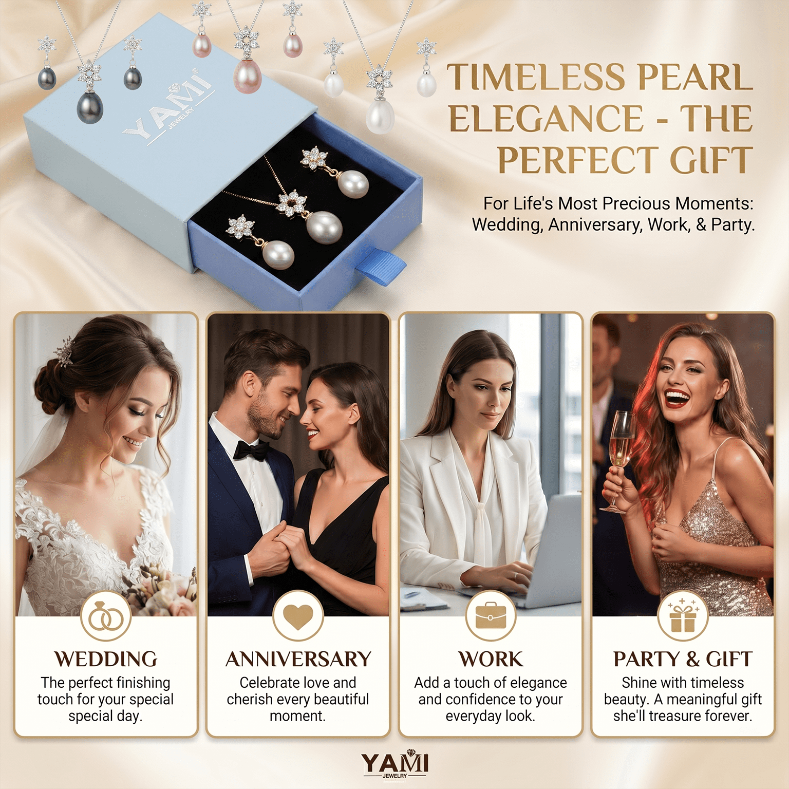 YAMI Freshwater Pearl Jewelry Set for Women, 9-10mm White Pearl Star Pendant Necklace, Drop Earrings, 14K Gold Plated, Cubic Zirconia Wedding Gift - Image 2