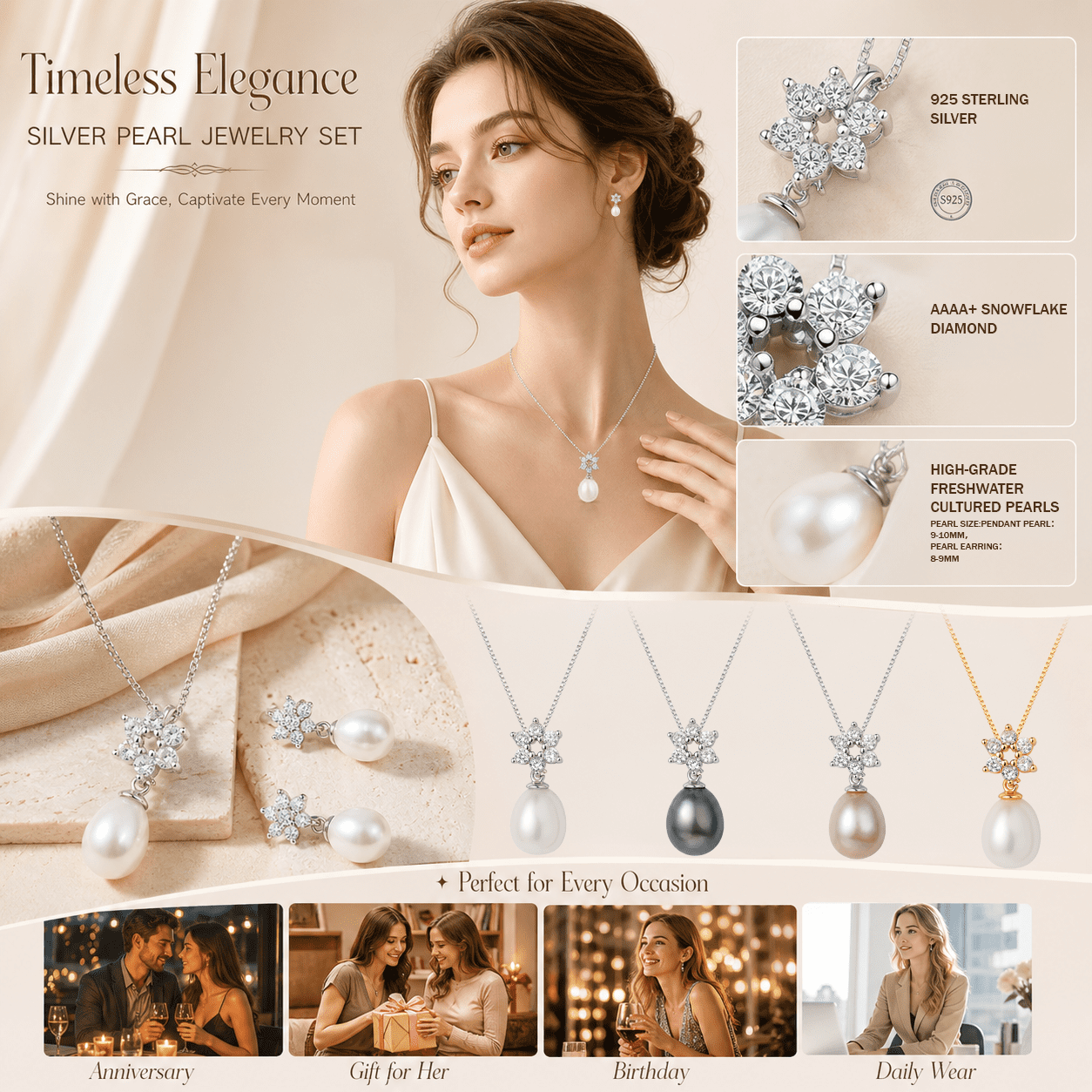 YAMI Freshwater Pearl Jewelry Set for Women, 9-10mm White Pearl Star Pendant Necklace, Drop Earrings, 14K Gold Plated, Cubic Zirconia Wedding Gift - Image 5