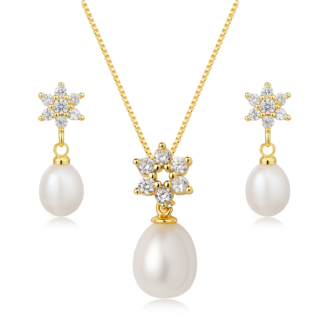YAMI Freshwater Pearl Jewelry Set for Women, 9-10mm White Pearl Star Pendant Necklace, Drop Earrings, 14K Gold Plated, Cubic Zirconia Wedding Gift